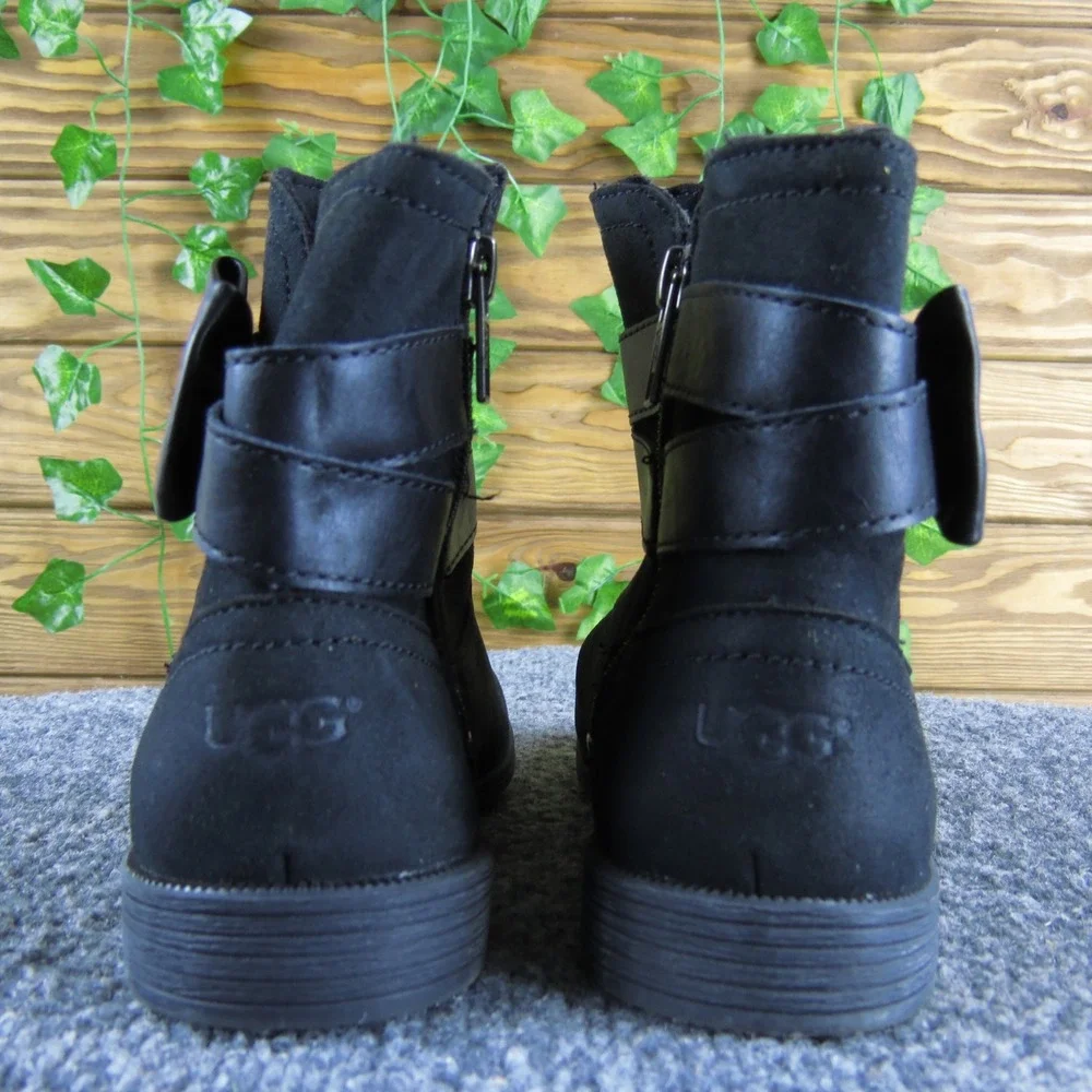 UGG Joanie Bow Kids' Black Faux Suede Ankle Boots with Bow‎ Detail Size 12